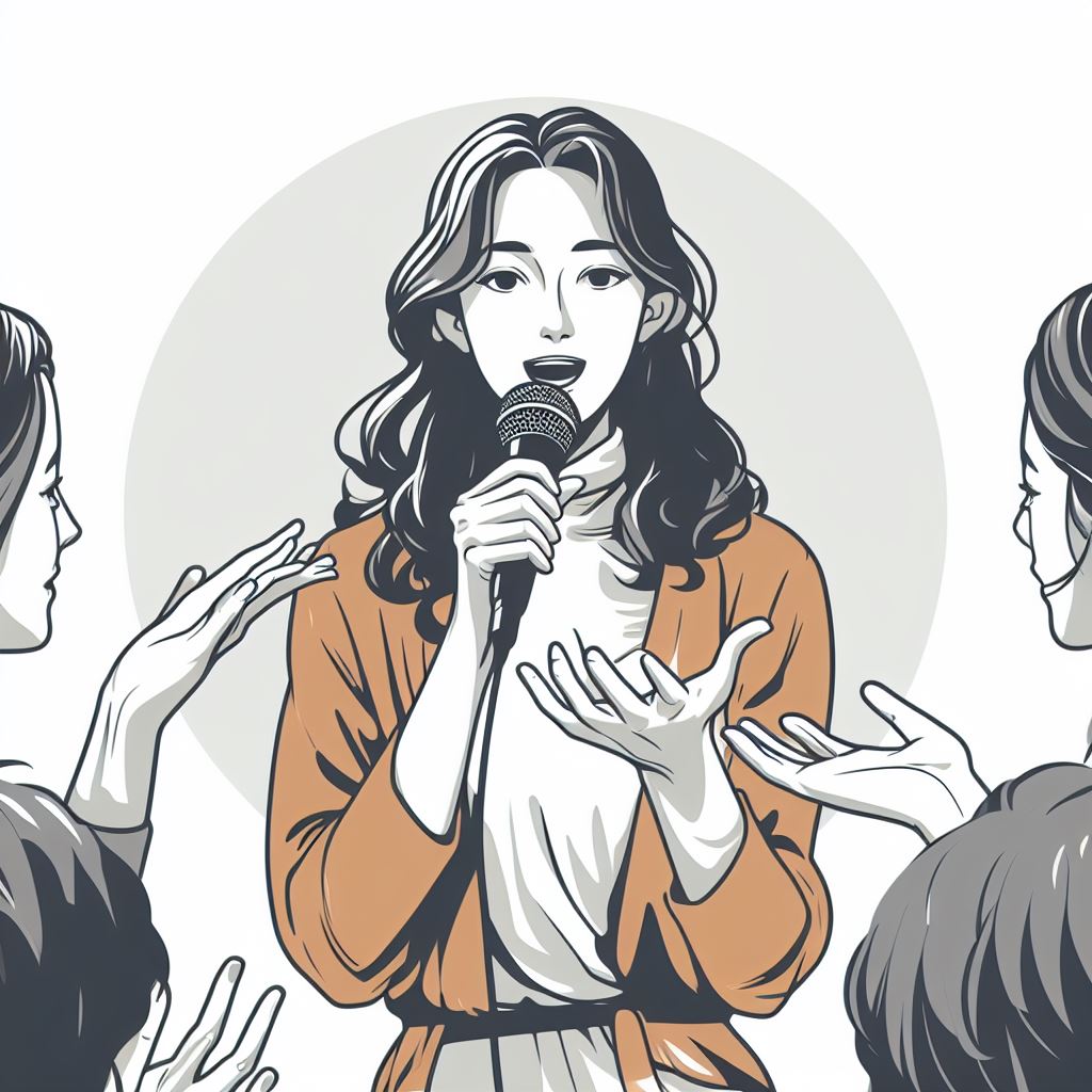 Ilustración de mujer cin microfono hablando a otras mujeres.